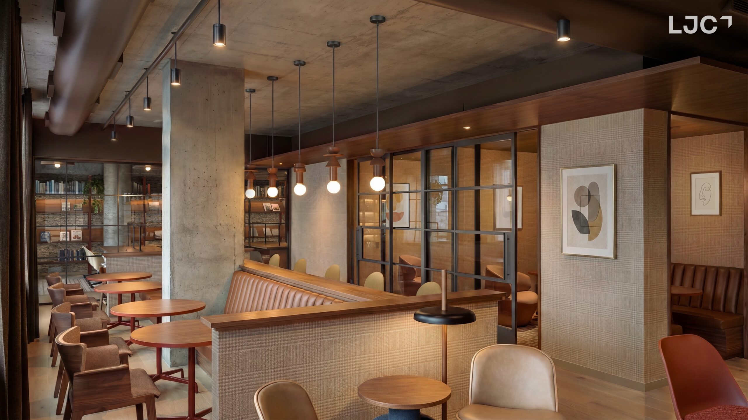 Coworking and library floor with private meeting rooms
