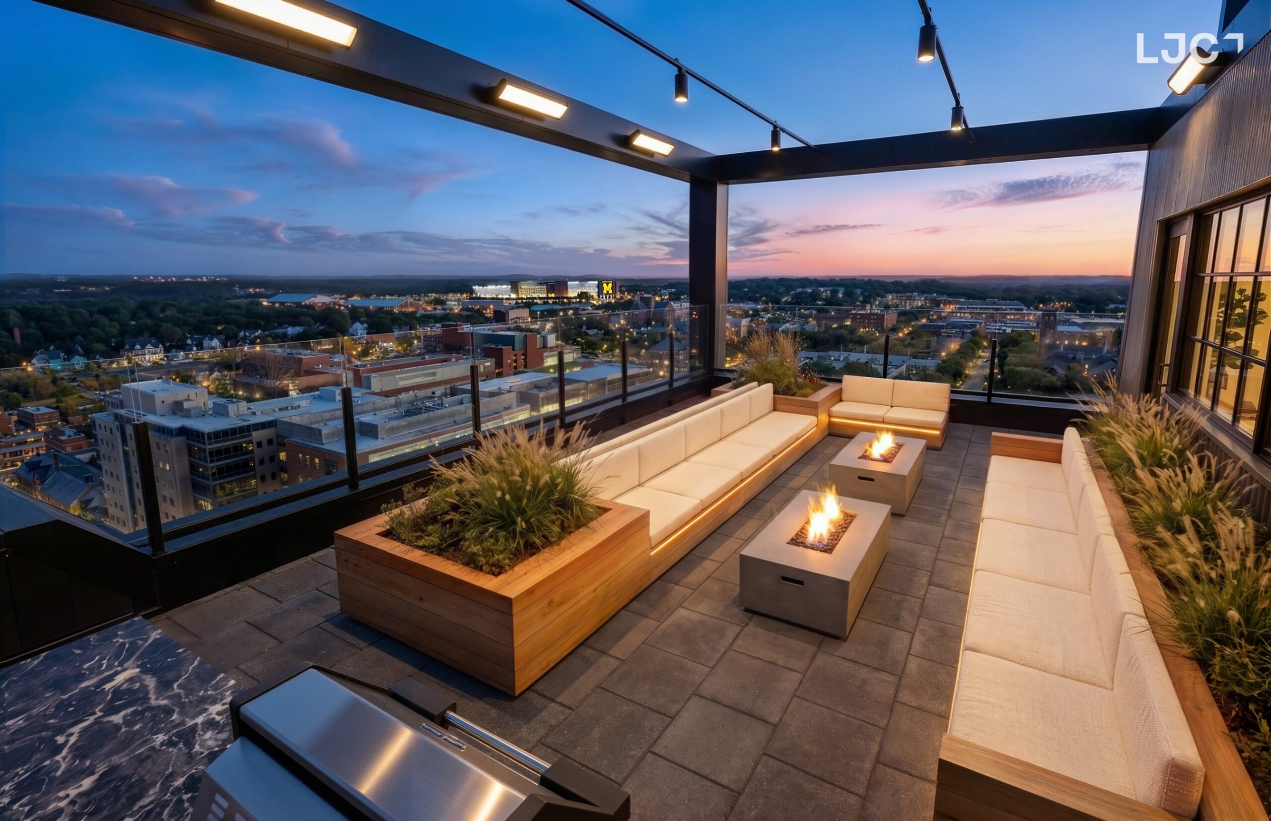 Rooftop with gas firepits at Chapter Ann Arbor