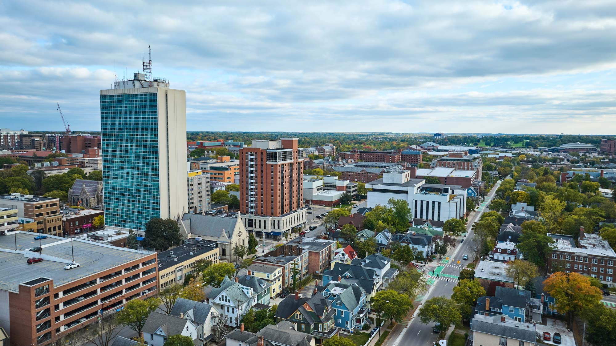 Aerial View of Urban Cityscape with Blue Glass Skyscraper, Ann Arbor, Michigan