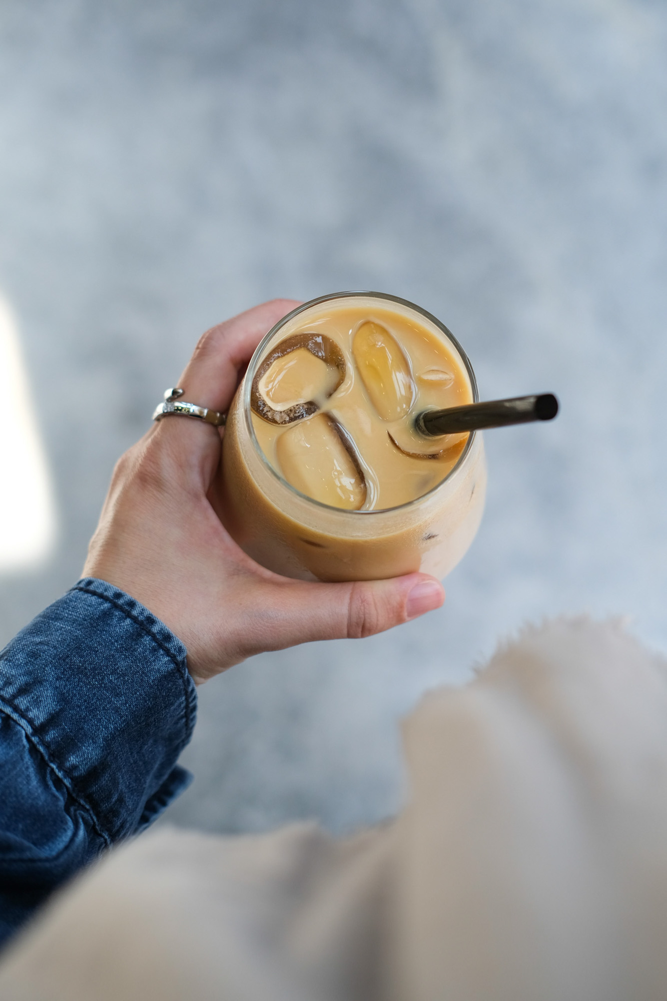 Iced coffee in a glass at a cafe