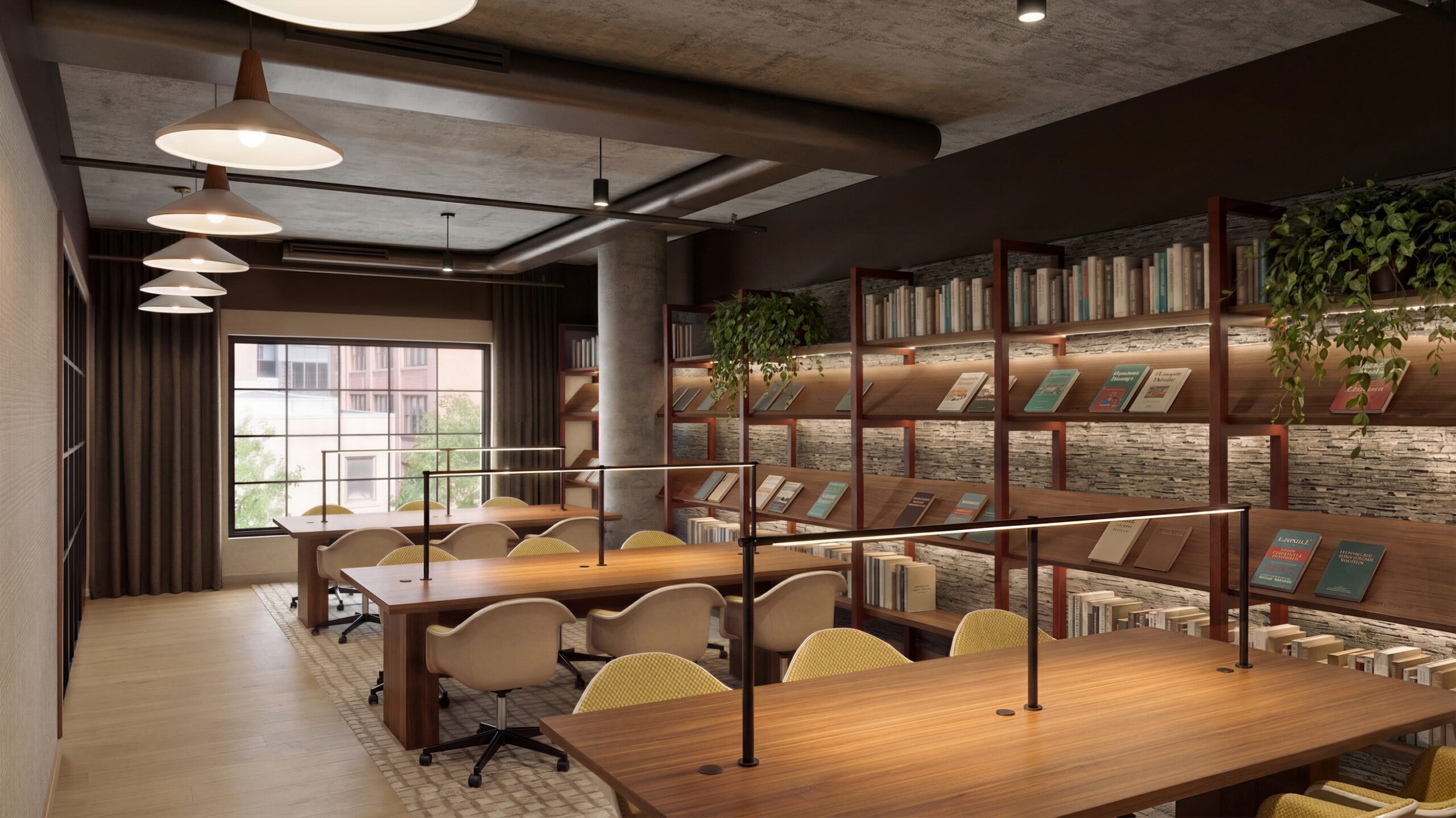 Library with study tables at Chapter Ann Arbor
