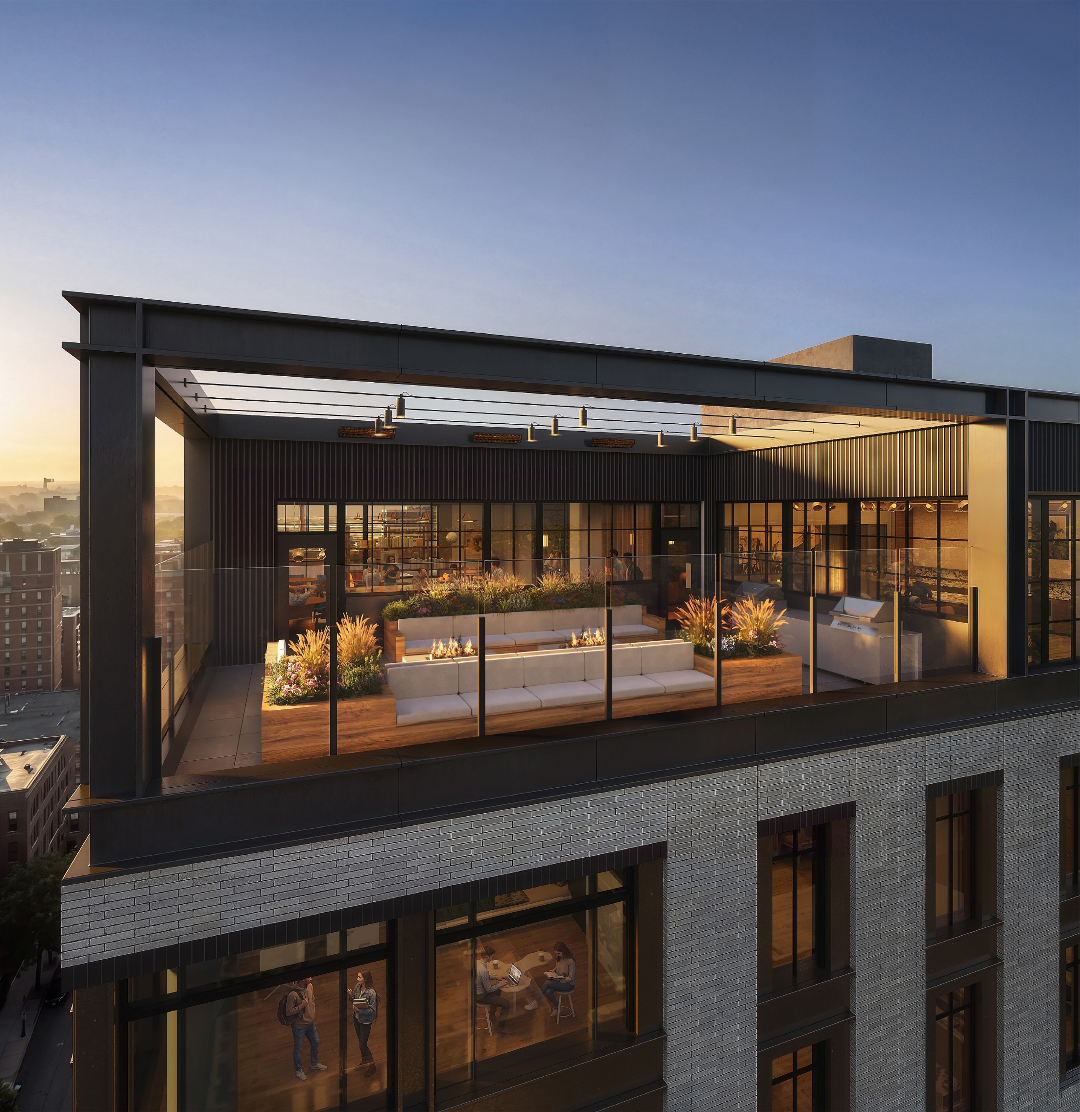 Rooftop social lounge and deck with Ann Arbor views