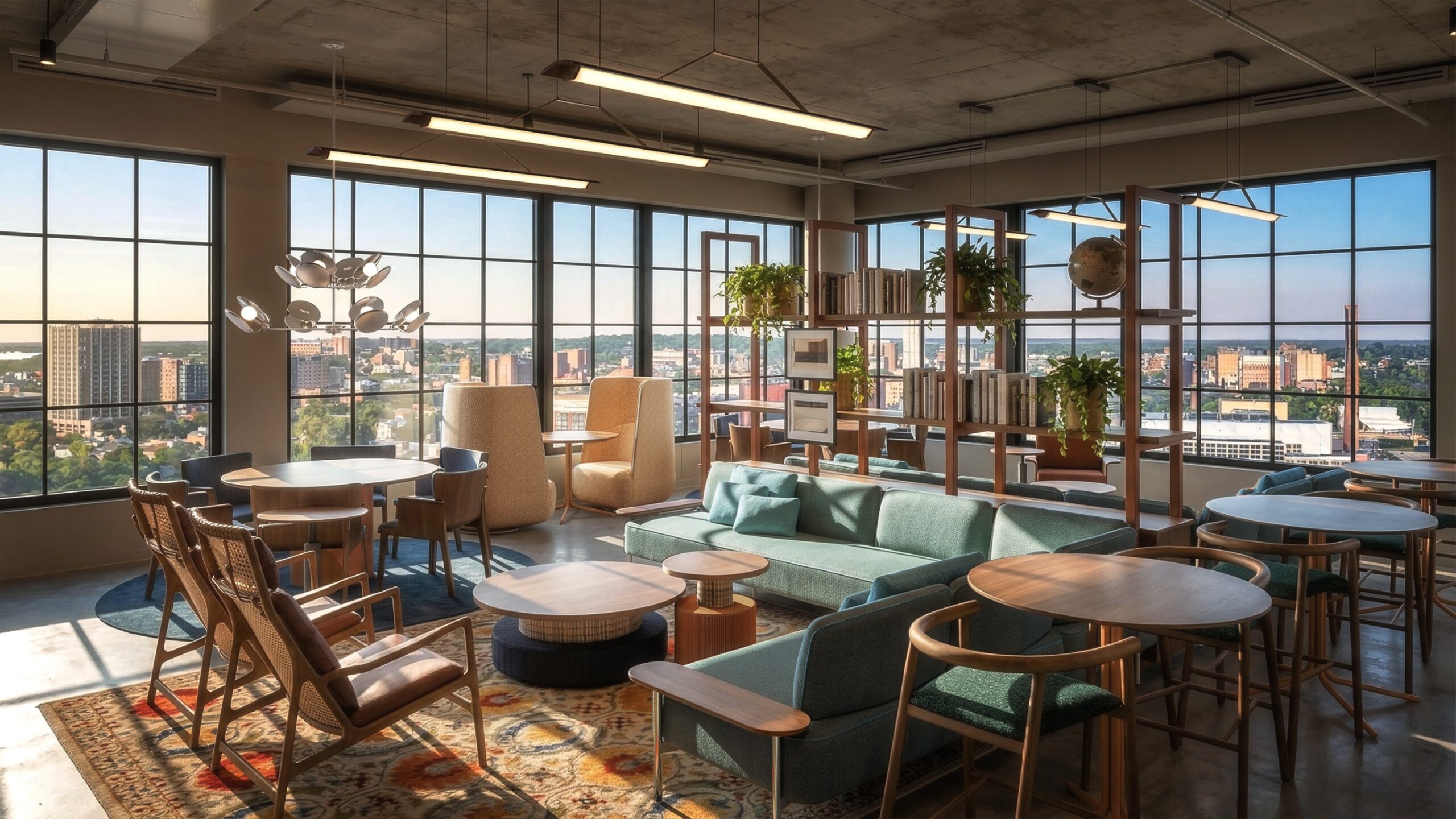 Rooftop social lounge with views of Ann Arbor