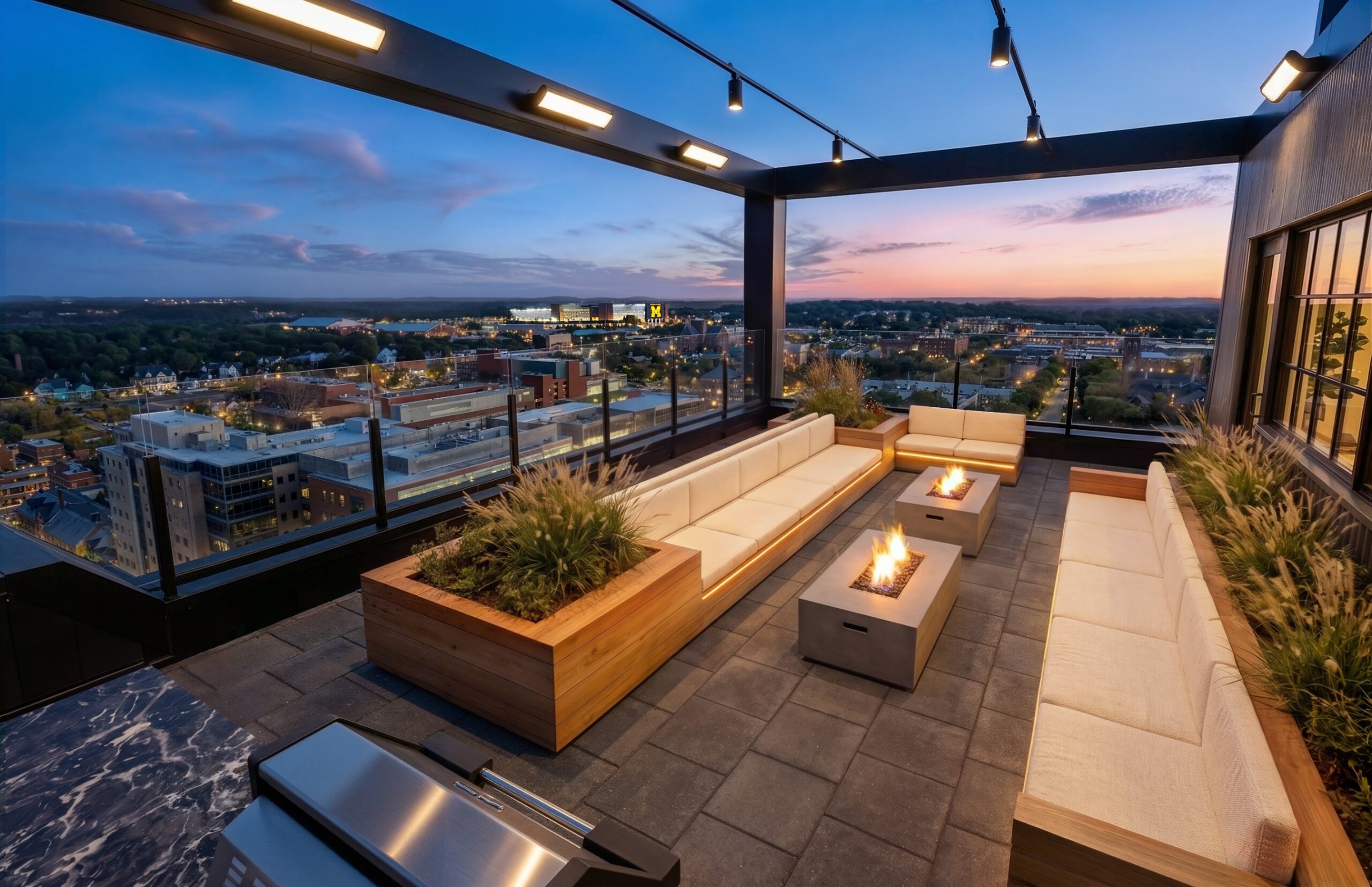 Rooftop with gas firepits at Chapter Ann Arbor